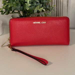 Michael Kors Red Pebbled Leather Zip Around Wristlet Wallet Gold Logo